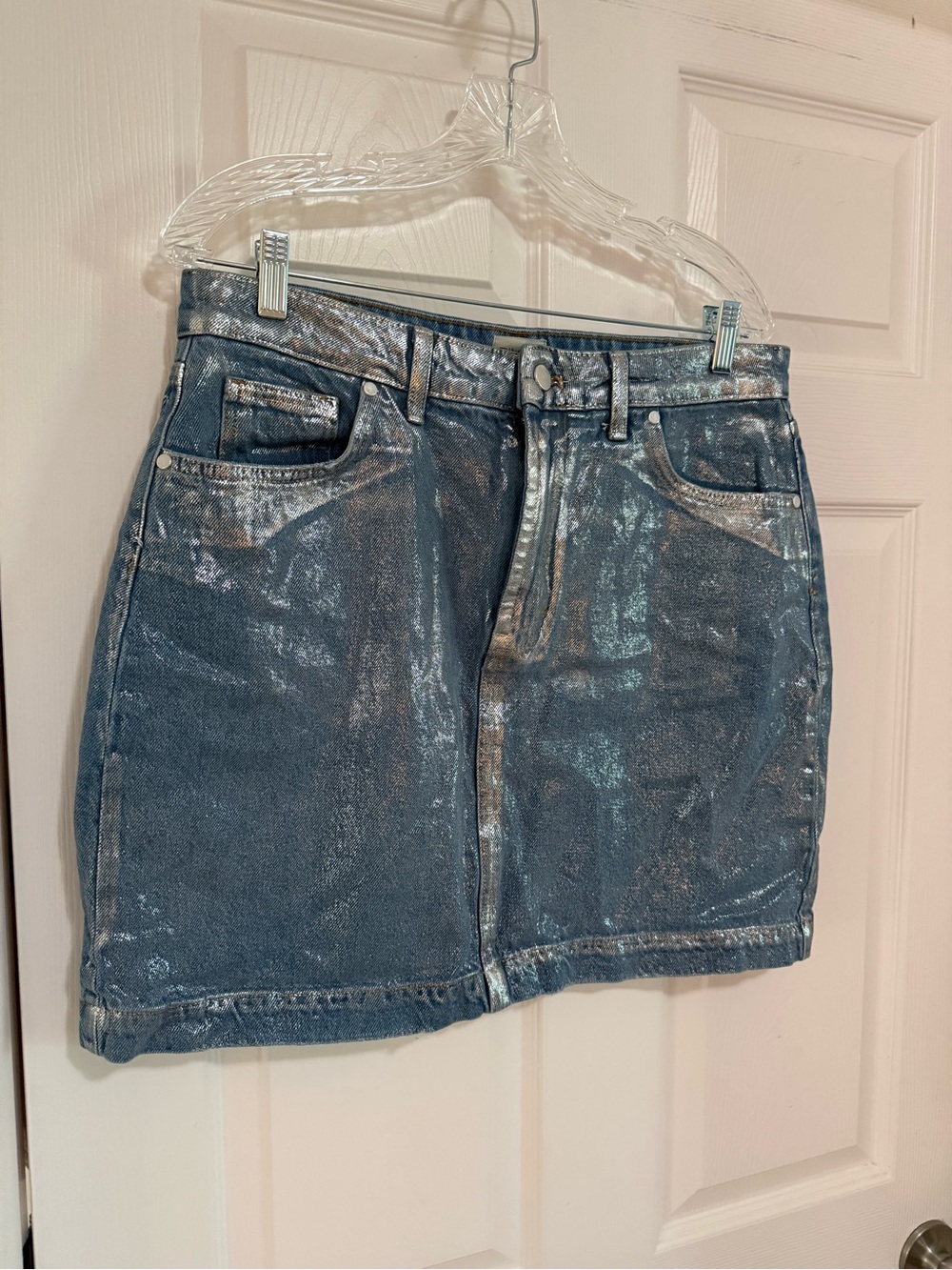Pilcro Iridescent Blue Metallic Denim Mini Skirt